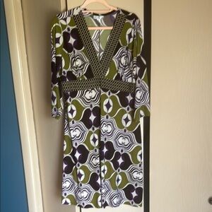 Enfocus Studio Green and Purple Sheath Dress with V-Neck and Bishop Sleeves